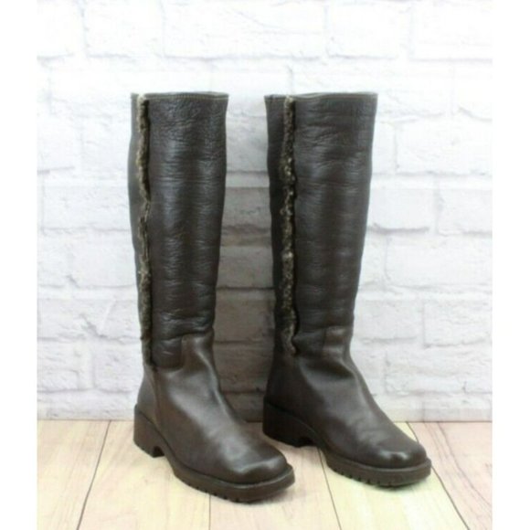 LL Bean Brown Leather Pull On Faux Fur Heeled Tall Boots Size 8 - Picture 3 of 11